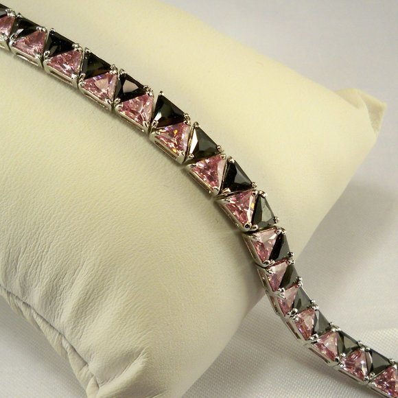 New Suzanne S. Vintage Black & Lite Pink Trillion Cubic Zirconias 925 Bracelet